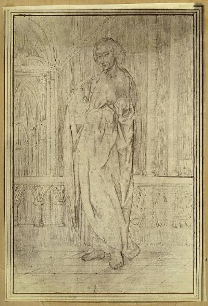 Figura femminile in piedi in un interno di chiesa - Disegno