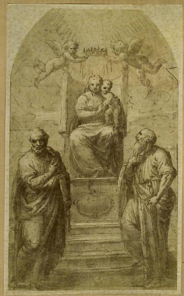 Autore del nord Italia prima metà sec. XVI - Studio per pala con Madonna con Bambino in trono tra i santi Pietro e Paolo - Disegno - Budapest