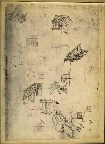 Leonardo da Vinci - Studi vari di sistemi di porte per chiuse o conche fluviali, spaccato della chiesa di San Lorenzo a Milano, numeri disposti come quadrante d'orologio - Foglio 28 r. del Codice Atlantico - Disegno - Milano - Biblioteca Ambrosiana