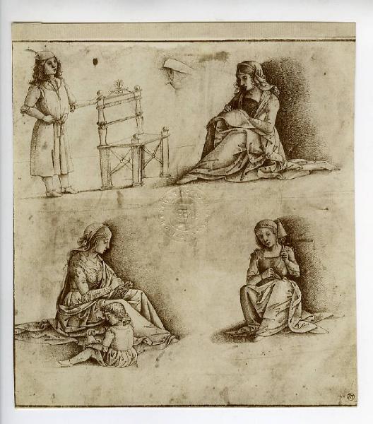 Bernardino di Betto detto Pinturicchio - Studi di tre figure femminili sedute a cucire, una con bambino seduto accanto; figura maschile in piedi appoggiata ad una sedia, studio di un occhio - Disegno - Stoccolma - Kongl. Museum (Nationalmuseum)