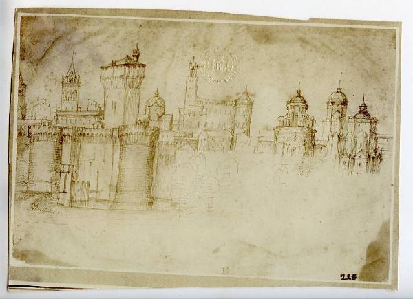 Bartolomeo della Porta detto Fra' Bartolomeo - Studio di veduta di città fortificata - Disegno - Stoccolma - Kongl. Museum (Nationalmuseum)