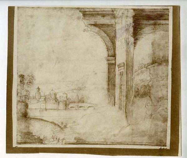 Bartolomeo della Porta detto Fra' Bartolomeo - Studio per paesaggio con rovine e città fortificata sullo sfondo - Disegno - Stoccolma - Kongl. Museum (Nationalmuseum)
