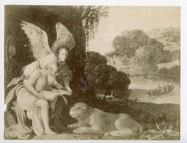 Elsheimer, Adam (seguace) - Paesaggio con san Girolamo e l'angelo - Dipinto - Olio su rame