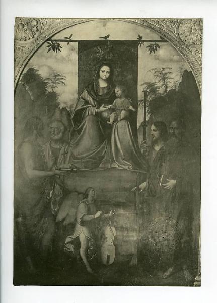 Giovanni Agostino da Lodi detto Pseudo Boccaccino - Madonna con Bambino in trono tra san Paolo, san Pietro, san Giovanni Battista e san Giacomo - Dipinto - Gerenzano
