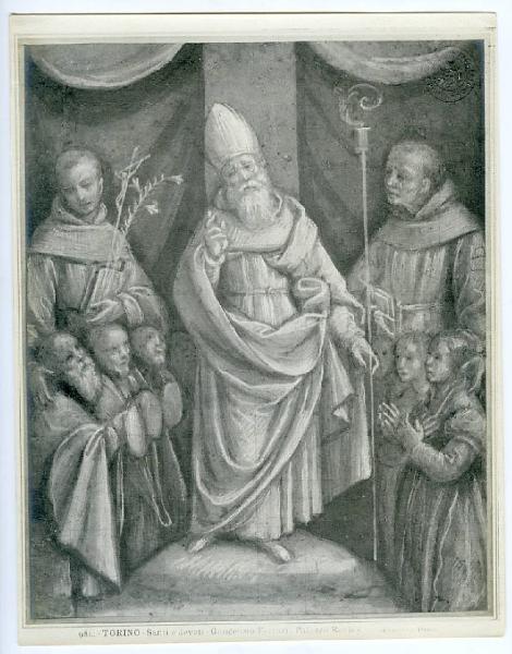 Lanino, Bernardino - Sant'Eusebio tra due santi francescani e donatori - Disegno - Torino - Biblioteca Reale