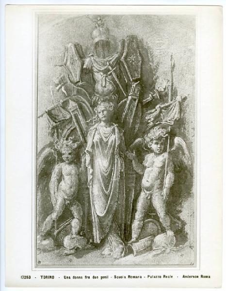 Scuola romana?, inizio sec. XVI - Studio per decorazione - Fgura femminile tra due putti - Disegno - Torino - Boblioteca Reale