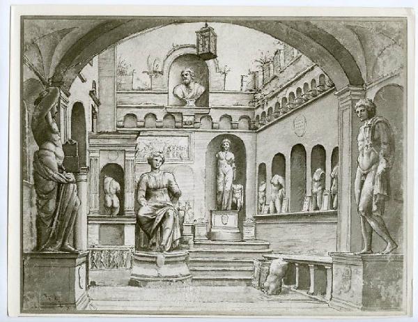 Peruzzi, Baldassarre - Studio di cortile con sculture antiche - Disegno - Torino - Boblioteca Reale