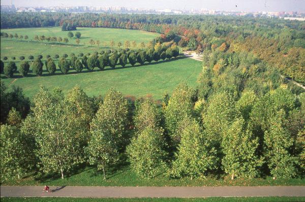 Cinisello Balsamo - Parco Nord, settore Est - Veduta dall'alto della Grande Rotonda (Gorki) - Filari di alberi e aree boschive - In primo piano percorso ciclopedonale con bicicletta - Sullo sfondo Milano e Bresso - Autunno