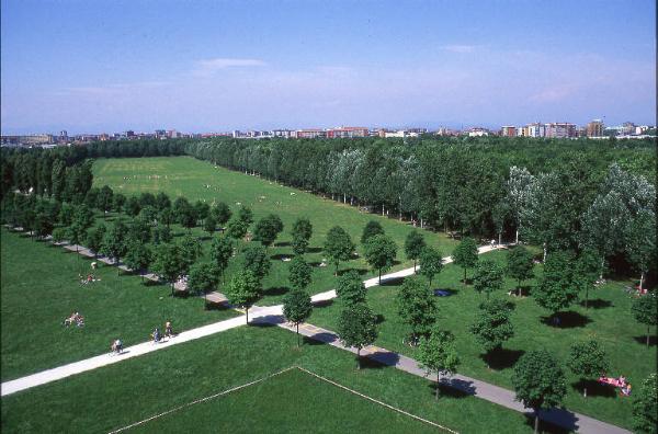 Cinisello Balsamo - Parco Nord, settore Est - Veduta dall'alto - Prato antistante la Cascina Centro Parco - Filari di alberi - Cannocchiale degli ippocastani - Boschi - Persone sul prato, in bicicletta, a passeggio / Sullo sfondo Cinisello Balsamo