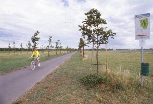 Cinisello Balsamo - Parco Nord, settore Est - zona verso l'autostrada Milano-Venezia - Percorso ciclopedonale - Donna in bicicletta - Prati - Filari di alberi di recente piantumazione - Cartello area cani