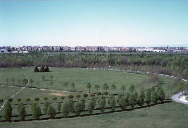 Cinisello Balsamo - Parco Nord, settore Est - Veduta dall'alto della Grande Rotonda (Gorki) - Filari di alberi e aree boschive - Sullo sfondo Bresso