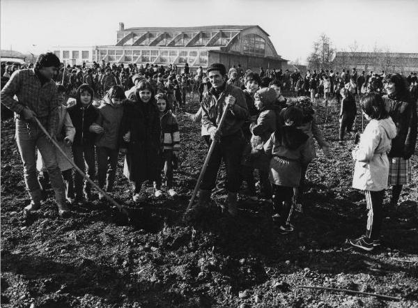 Sesto San Giovanni - Parco Nord, settore Est - Inaugurazione rimboschimento (1980) - Campo con nuove piantumazioni - Operai a lavoro con bambini delle scuole elementari - Cittadini che assistono ai lavori - Sullo sfondo i capannoni Breda