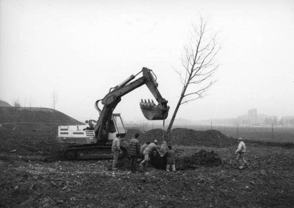 Sesto San Giovanni - Parco Nord, settore Montagnetta - Campo - Nuova piantumazione - Operai a lavoro - Ruspa - Inverno - Sullo sfondo la Montagnetta