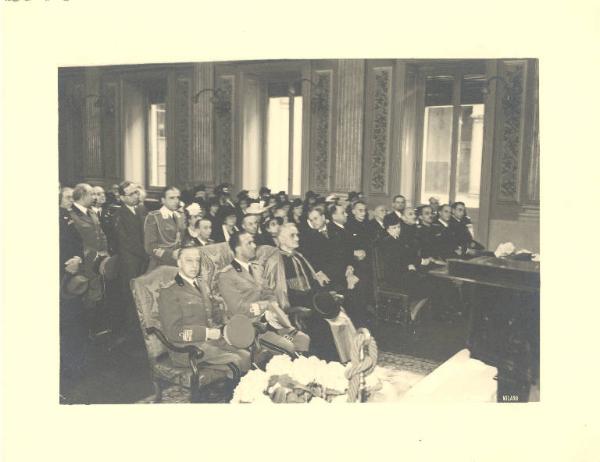 Istituto dei Ciechi di Milano - Sala Barozzi - Interno - Celebrazione centenario della fondazione dell'Istituto - Cerimonia - Presente il Principe di Piemonte, il Conte di Torino, il Duca di Bergamo, autorità politiche della città