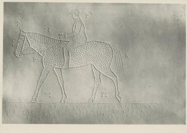 Riproduzione di materiale didattico per ciechi con disegni punteggiati in rilievo - Uomo a cavallo - Scrittura in braille