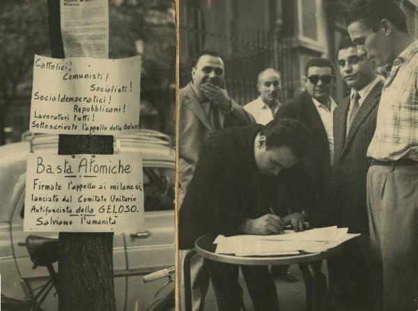 Milano - Firme per la pace - Uomo che firma - Cartelli di protesta