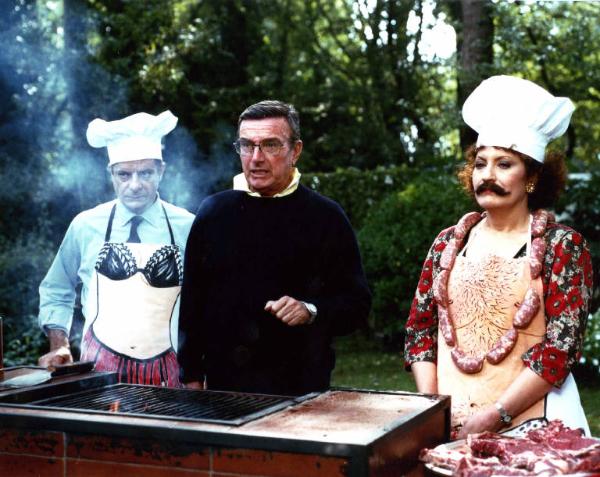 Set del film "Lo zio indegno" - Regia Franco Brusati - 1989 - Gli attori Giancarlo Giannini e Andrea Ferreol e il regista Franco Brusati sul set