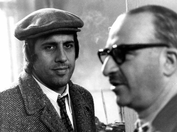 Set del film "Bianco, rosso e..." - Regia Alberto Lattuada - 1972 - Il regista Alberto Lattuada e l'attore Adriano Celentano sul set