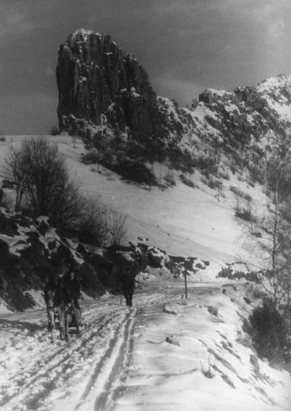 Scena del film "Giacomo l'idealista" - Regia Alberto Lattuada - 1943 - L'attrice Marina Berti su un carretto trainato da un asino su una strada innevata di montagna