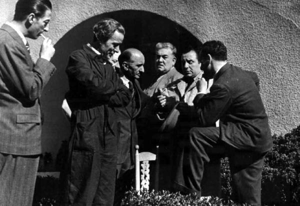 Set del film "Buongiorno, Madrid!" - Max Neufeld, Gian Maria Cominetti - 1942 - Il regista Gian Maria Cominetti e gli attori Giovanni Grasso e Carlo Campanini