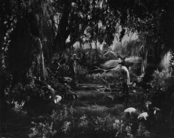 Set del film "La corona di ferro" - Regia Alessandro Blasetti - 1940 - L'attrice Luisa Ferida e lì'attore Massimo Girotti in un bosco fiabesco.
.