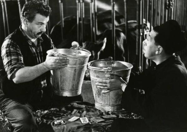 Scena del film "Don Camillo" - Regia Julien Duvivier, 1952 - Campo medio. Gino Cervi e Fernandel brindano con due secchi per la mungitura. In mezzo a loro, un tavolino con delle carte da gioco.