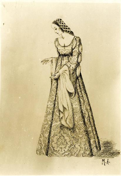Riproduzione fotografica di "Ettore fieramosca" - Regia Alessandro Blasetti, 1938 - Fotografia di un illustrazione di un personaggio femminile dell'opera teatrale omonima.