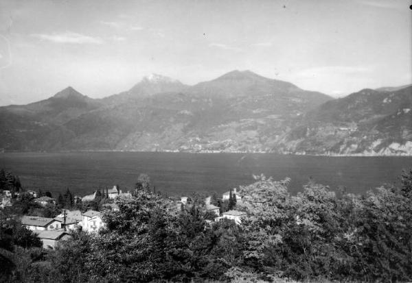 Paesaggio con boschi, case, il lago di Como e sullo sfondo le montagne