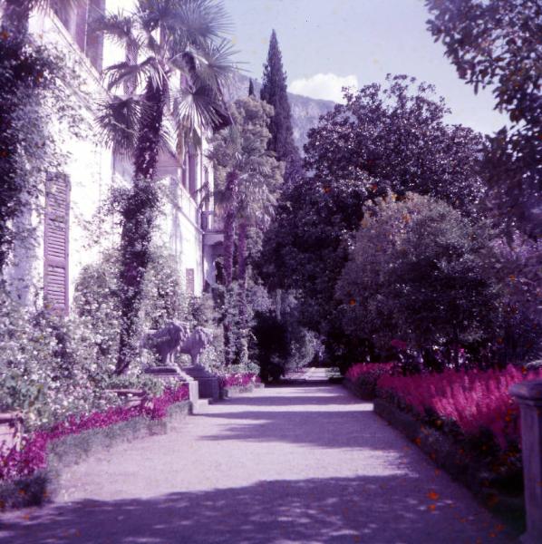 Villa Monastero / Prospetto con leoni d'ingresso alla villa e giardino