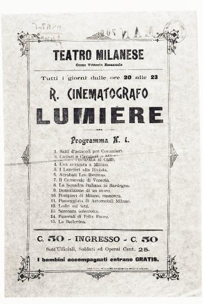 Locandina cinematografica - Teatro Milanese (Milano) - Programma delle proiezioni de R. Cinematografo Lumière - Milano - Museo Teatrale della Scala