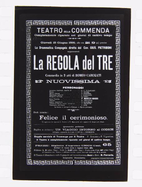 Locandina teatrale - Teatro della Commenda (Milano) - Locandina della commedia "La regola del tre" di Romeo Carugati