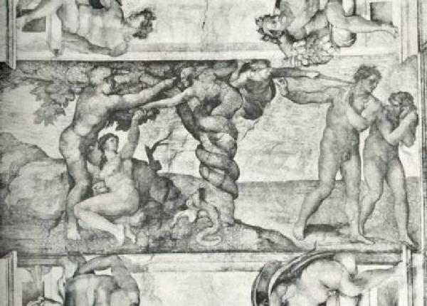 Dipinto murale - Peccato orginale e Cacciata dal Paradiso terrestre - Michelangelo Buonarroti - Città del Vaticano - Cappella Sistina - Volta - Storie Centrali