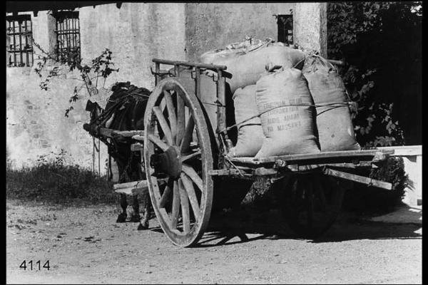 Carretto trainato da un mulo carico di sacchi di farina davanti al mulino.