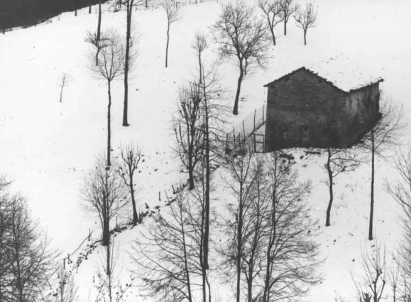 Costruzione rurale in mezzo ad un campo innevato con alberi.