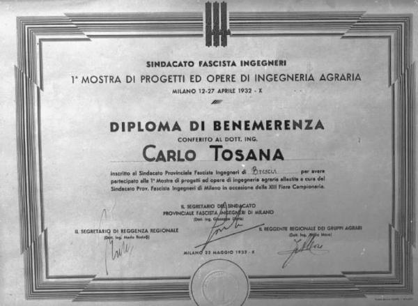 Diploma di benemerenza dell'ing. Carlo Toscana datato 1932