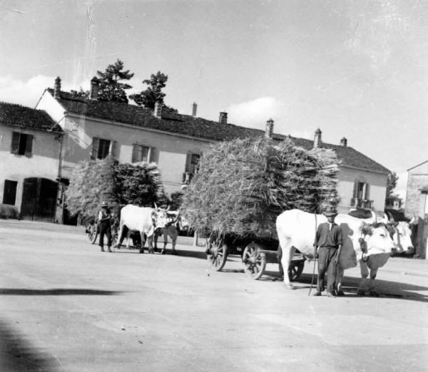 Fascismo - Battaglia del Grano - Azienda agricola - Cortile - Carri con fascine di grano