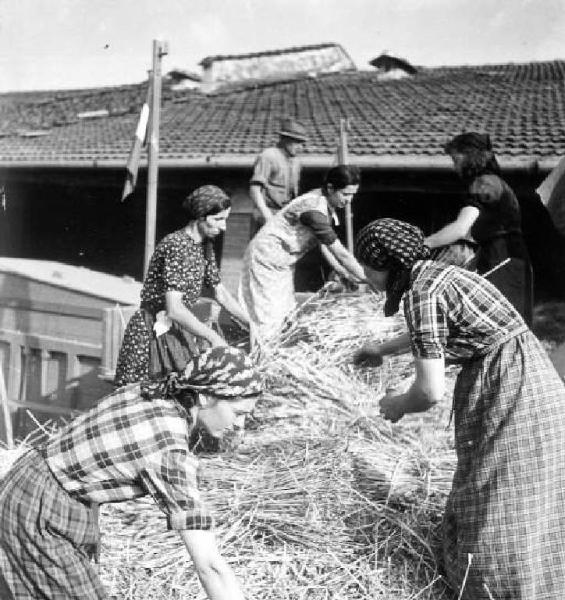 Fascismo - Battaglia del Grano - Trebbiatura meccanica - Contadine al lavoro