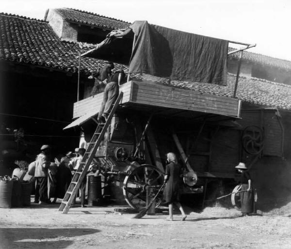 Fascismo - Battaglia del Grano -Trebbiatura meccanica - Contadini al lavoro