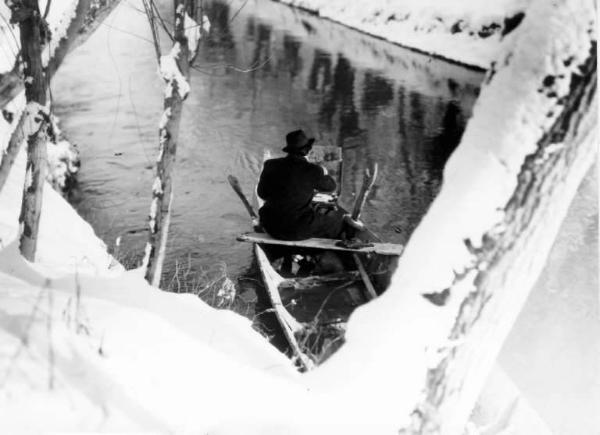 Fiume Po - Pittore su una barca - Paesaggio innevato