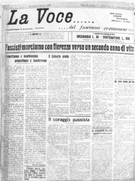 Fascismo - Cremona - "La Voce"- Frontespizio del primo numero del quotidiano