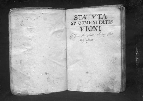 Riproduzione di incunabolo - Statuto Speciale della comunità di Vione - Frontespizio