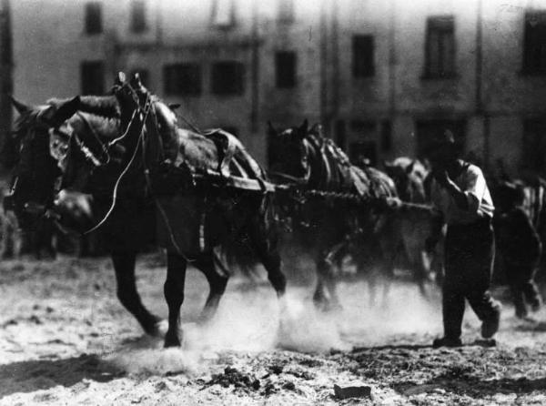 Cremona. Lavori di demolizione in piazza Marconi. Cavalli con carretti trasportano il terriccio.