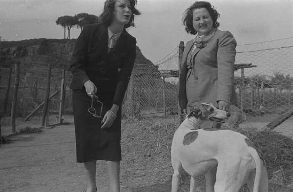 Lazio - Campagna - Ritratto femminile: Alida Valli (pseudonimo di Alida Maria Altenburger von Marckenstein und Frauenberg), attrice, con una donna e un cane levriero