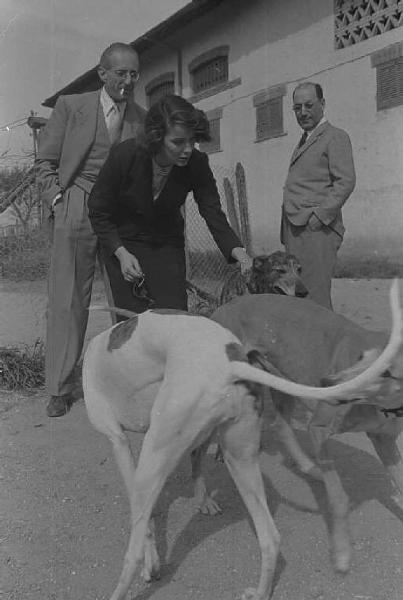 Lazio - Campagna - Ritratto femminile: Alida Valli (pseudonimo di Alida Maria Altenburger von Marckenstein und Frauenberg), attrice, con cani levriero e due uomini