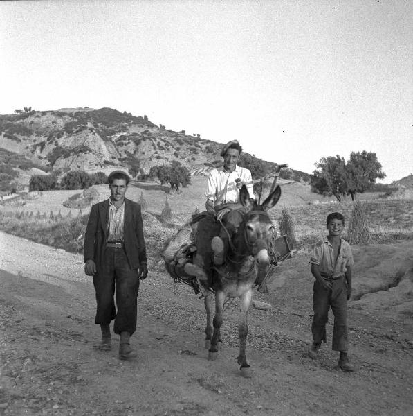 Melissa (Crotone) - Contadino su mulo con altro contadino e ragazzo a piedi in una strada di campagna