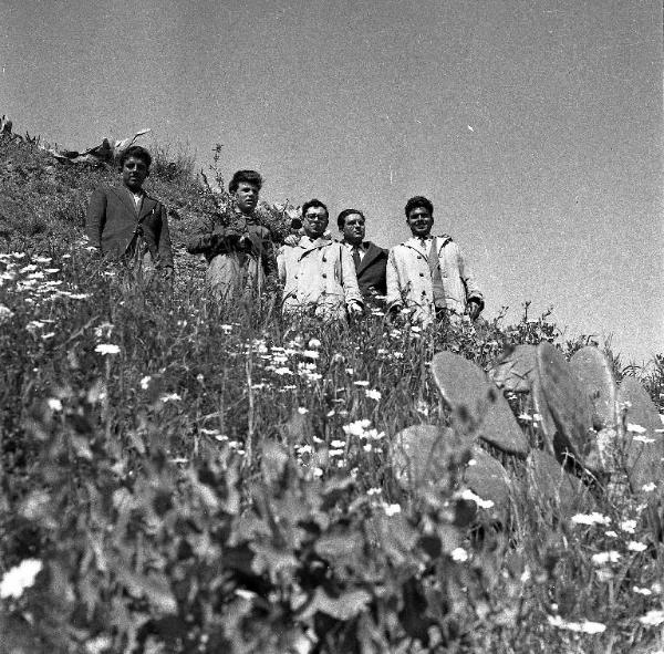 Melissa (Crotone) - Gruppo di uomini in un campo fiorito