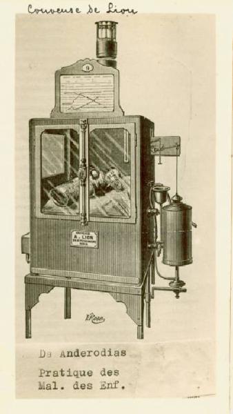 Disegno - Incubatrice di A. Lion, illustrazione tratta da Marfan, Anderodias, Cruchet "La Pratique des Maladies des Enfants"