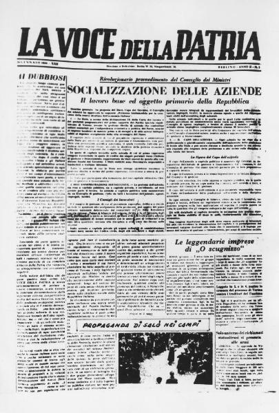 Prima pagina del periodico "La Voce della Patria" 24 gennaio 1944, anno 2 n. 3 - Propaganda della Repubblica Sociale Italiana (RSI) - Fascismo - Socializzazione delle aziende - Campi di concentramento - Militari italiani internati
