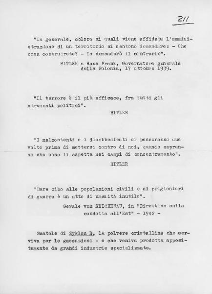 Didascalie con brani di Adolf Hitler e del generale Walter von Reichenau - Nazismo - Campi di concentramento - Sterminio - Gassazioni - Scatole di Zyklon B - Terrore