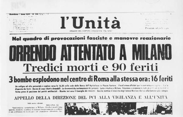 Parte della prima pagina del quotidiano "l'Unità" del 13/12/1969 - Strage di Piazza Fontana - Attentato a Milano - 13 morti e 90 feriti